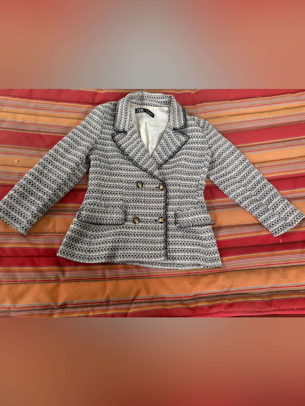 Zara Black and White Tweed Double-Breasted Jacket